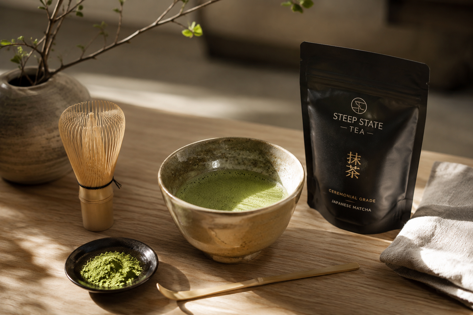 Softly lit Japanese tea ceremony scene with a bowl of matcha, bamboo whisk, and tea scoop on a wooden surface, evoking a calm morning ritual.