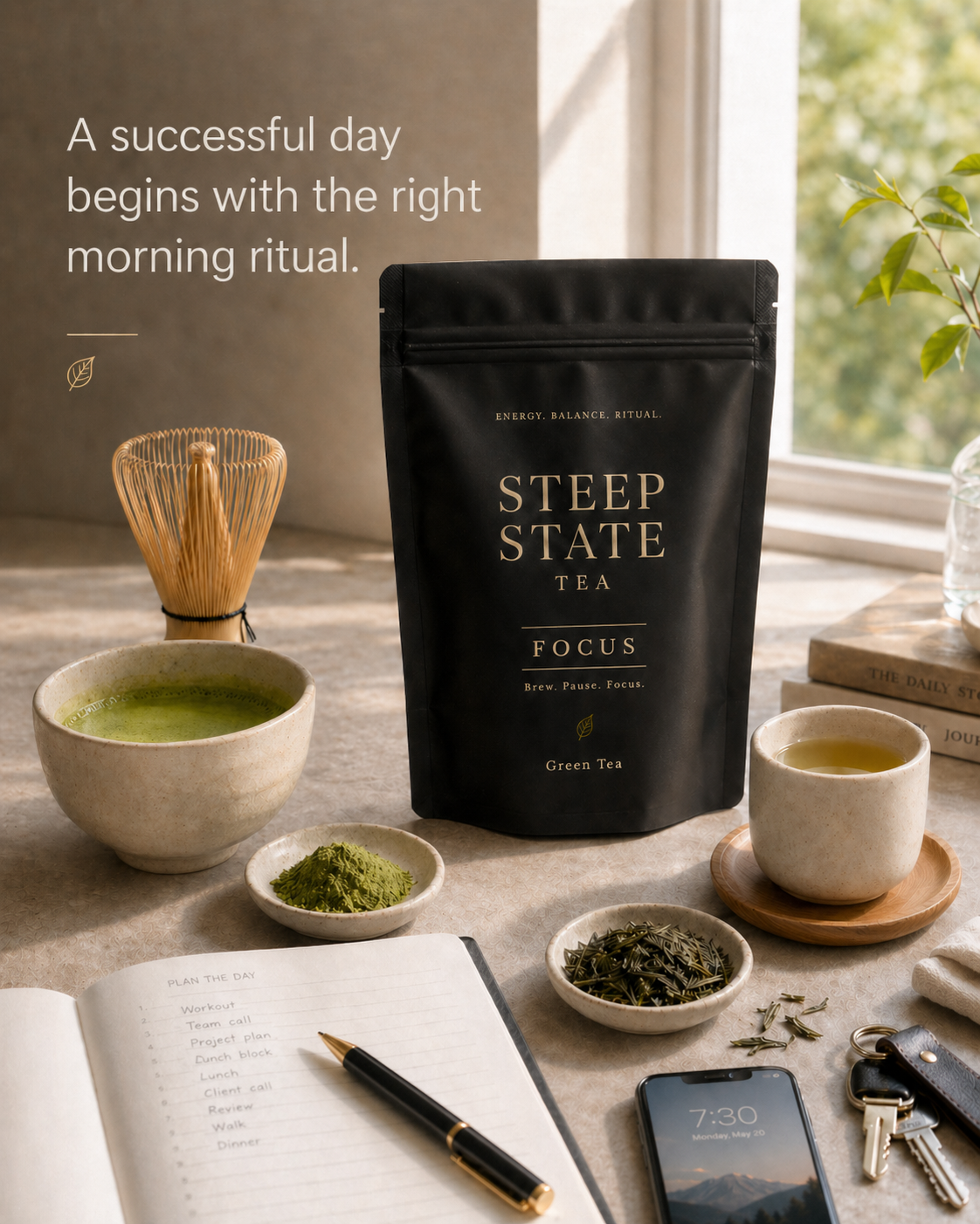 FOCUS collection by STEEP STATE TEA featuring a mindful morning tea ritual for clarity and focus