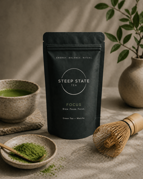 Ceremonial Grade Matcha by STEEP STATE TEA with bamboo whisk, matcha powder and prepared tea