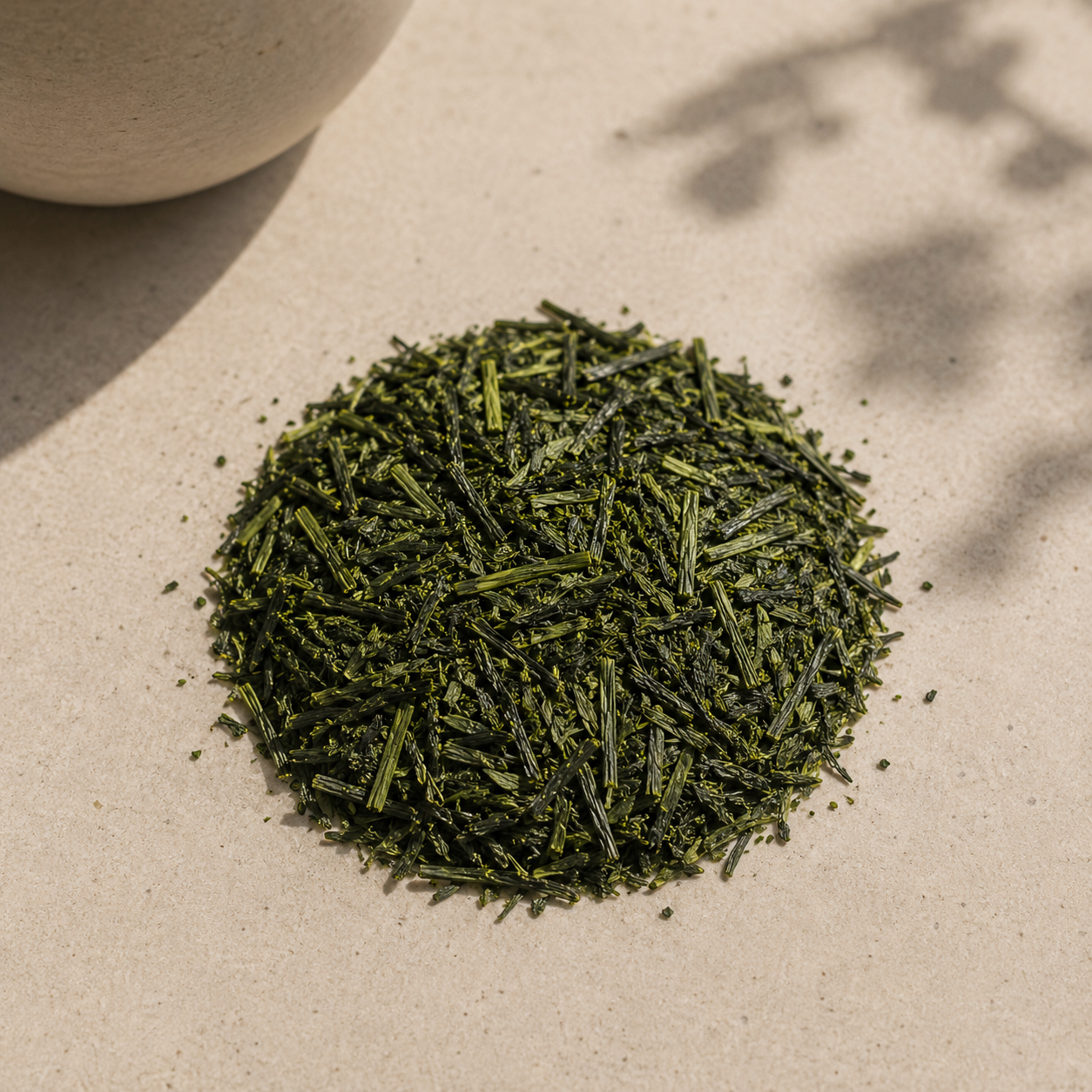 Close-up of organic Fukamushi Sencha tea leaves from Kagoshima, Japan