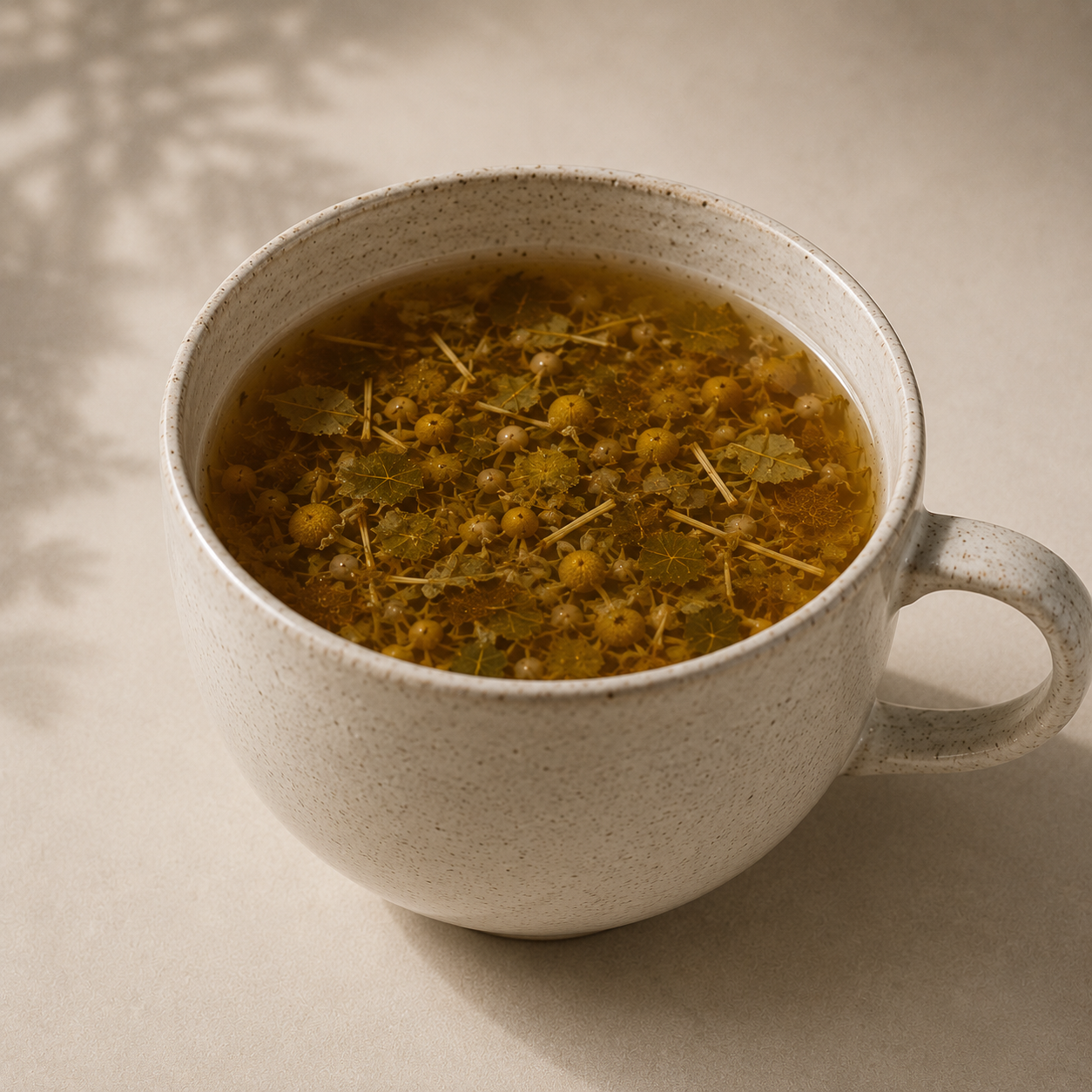 Freshly brewed Botanical Sunset herbal tea with visible botanical ingredients